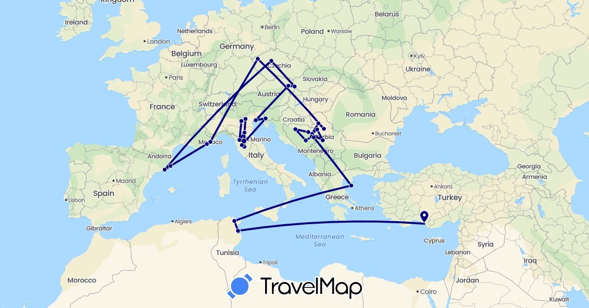 TravelMap itinerary: driving in Austria, Bosnia and Herzegovina, Czech Republic, Spain, France, Greece, Italy, Monaco, Serbia, Slovakia, Tunisia, Turkey (Africa, Asia, Europe)